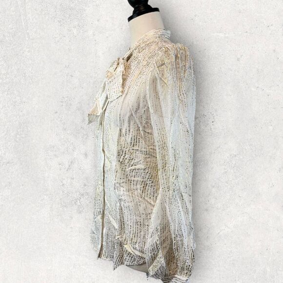 NWT 7 for all Mankind White Gold Blouse Tie Neck Button Front Size XS - Picture 3 of 11